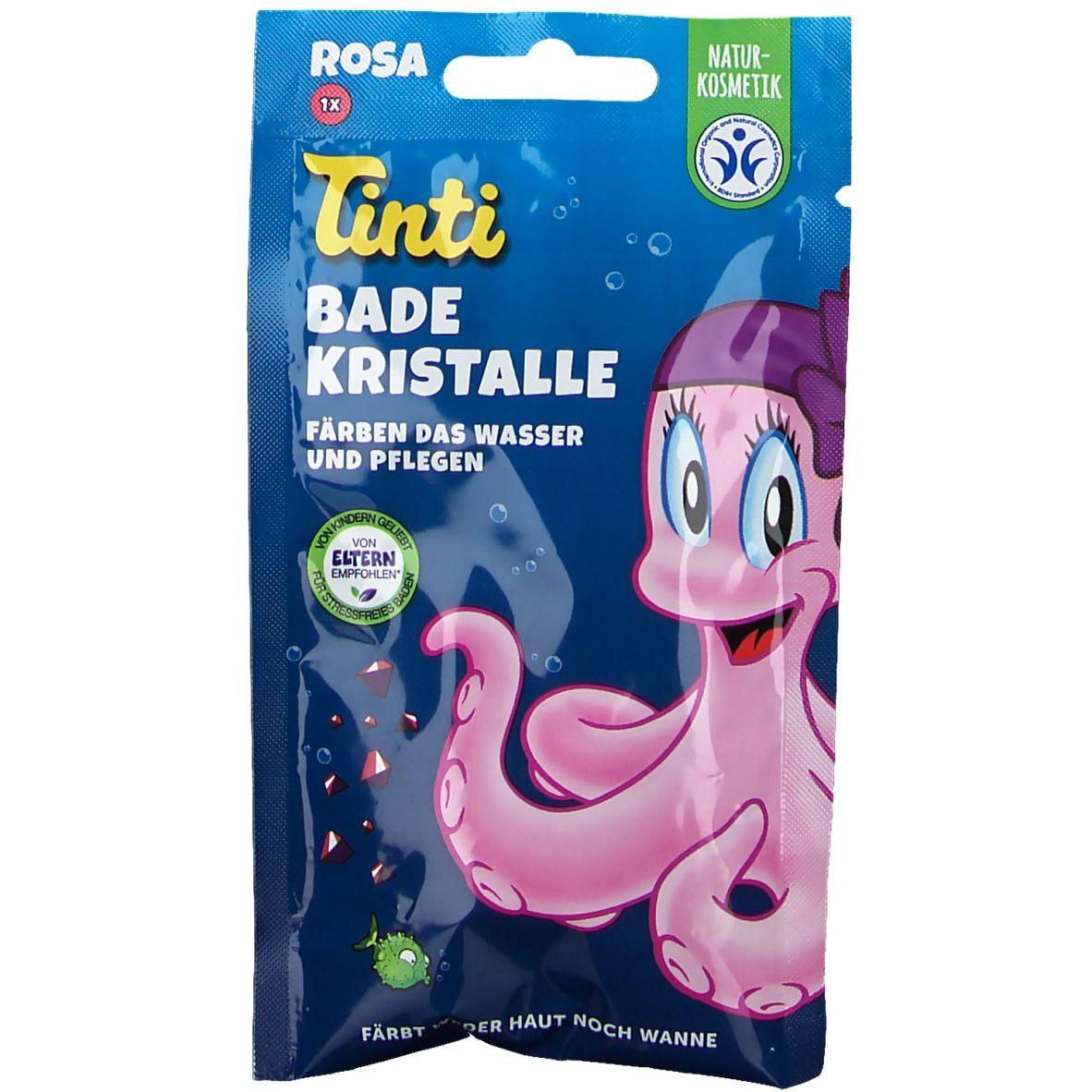 Rosa Tinti Badekristalle-Beutel. Enthält eine rosa Tintenfisch-Illustration. Text: "Badekristalle", "Färben das Wasser und Pflegen". Naturkosmetik-Siegel.