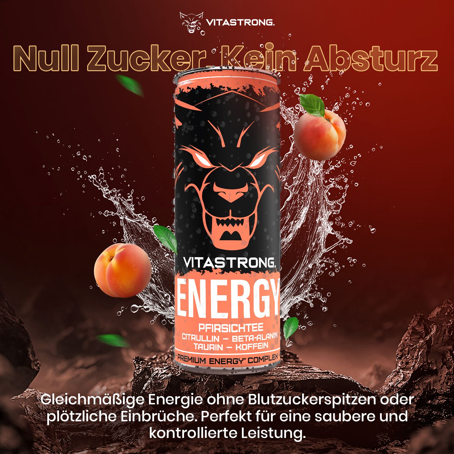 Vitastrong Energy Peach Tea Dose mit Pfirsichen und Wasser. Text: Null Zucker, kein Absturz, Citrullin, Taurin, Koffein.