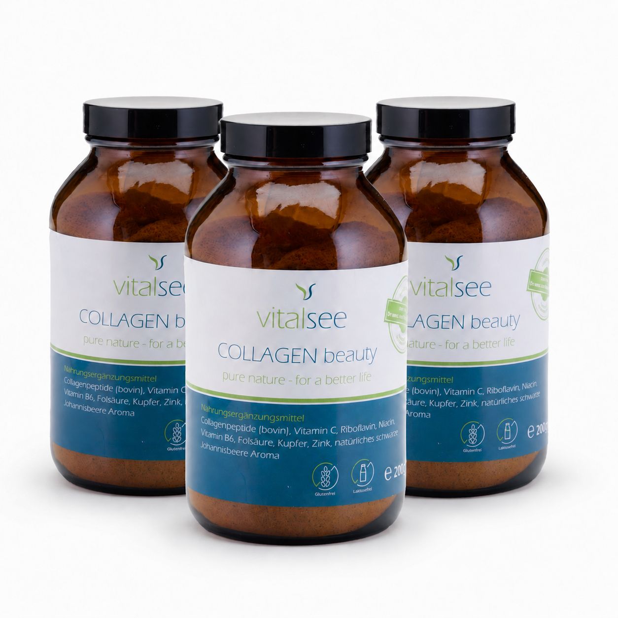 Drei Braunglasflaschen mit Vitalsee Collagen Beauty Pulver.