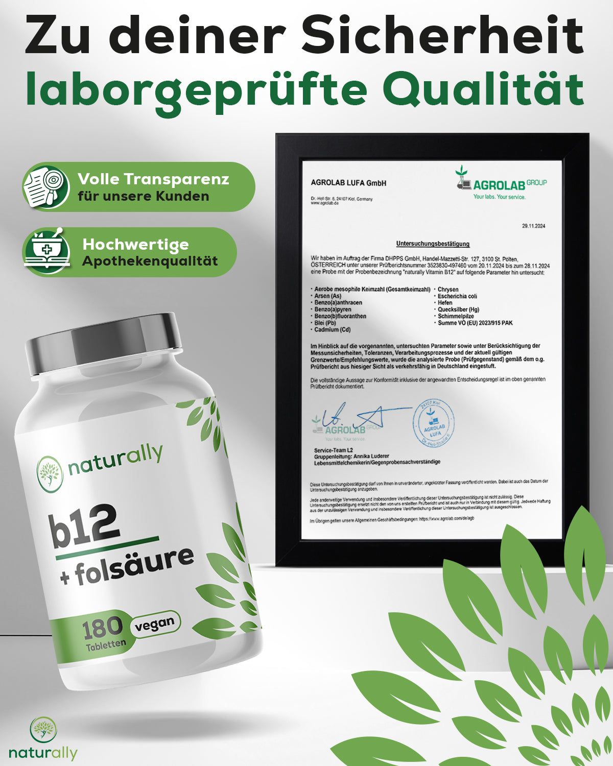 Weiße Tablettenflasche mit Etikett. Text: b12 + folsäure, 180 vegan. Zertifikat im Hintergrund.