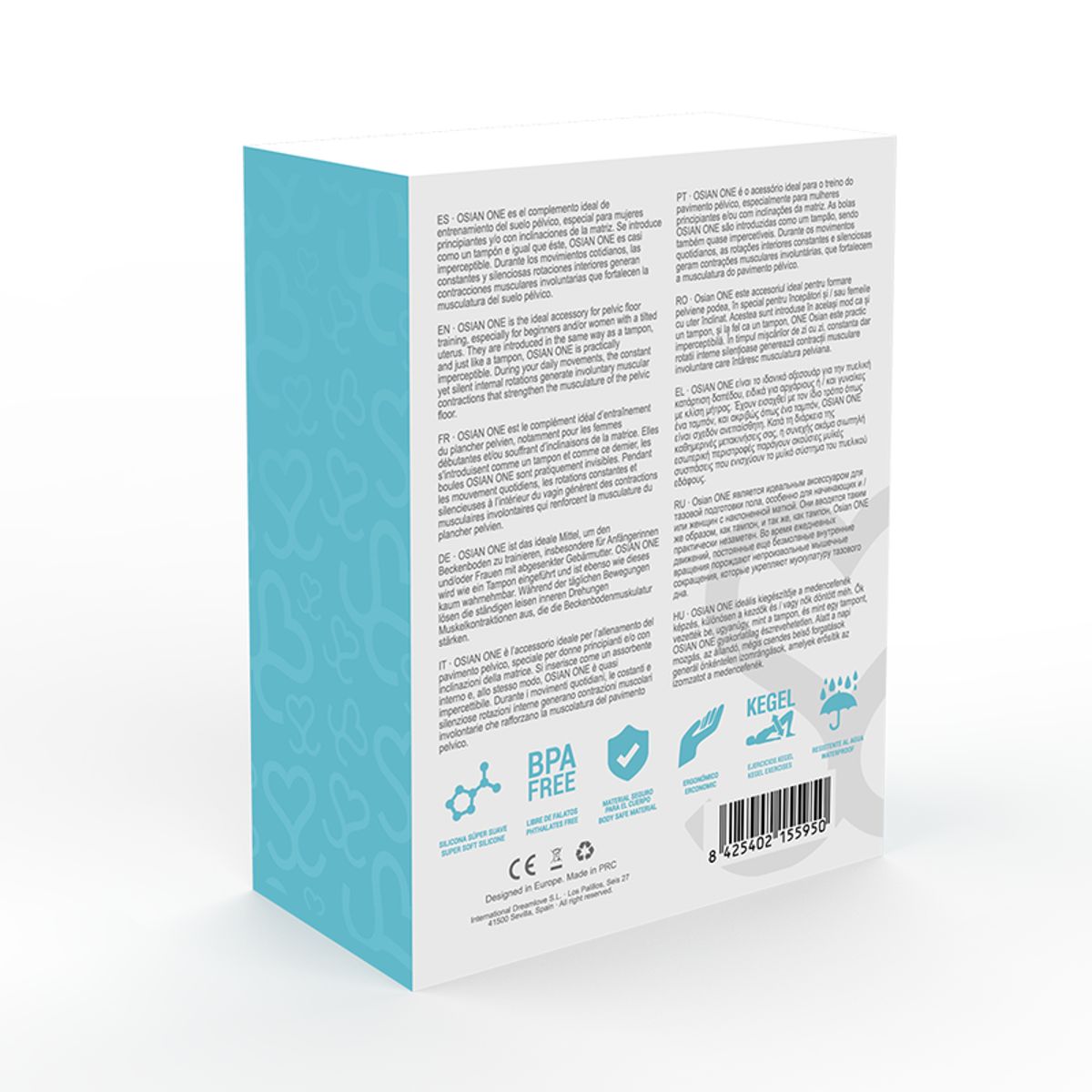 Rückseite der Moressa osian one Verpackung. Text in mehreren Sprachen. Logos: BPA-frei, Kegel, wasserdicht.