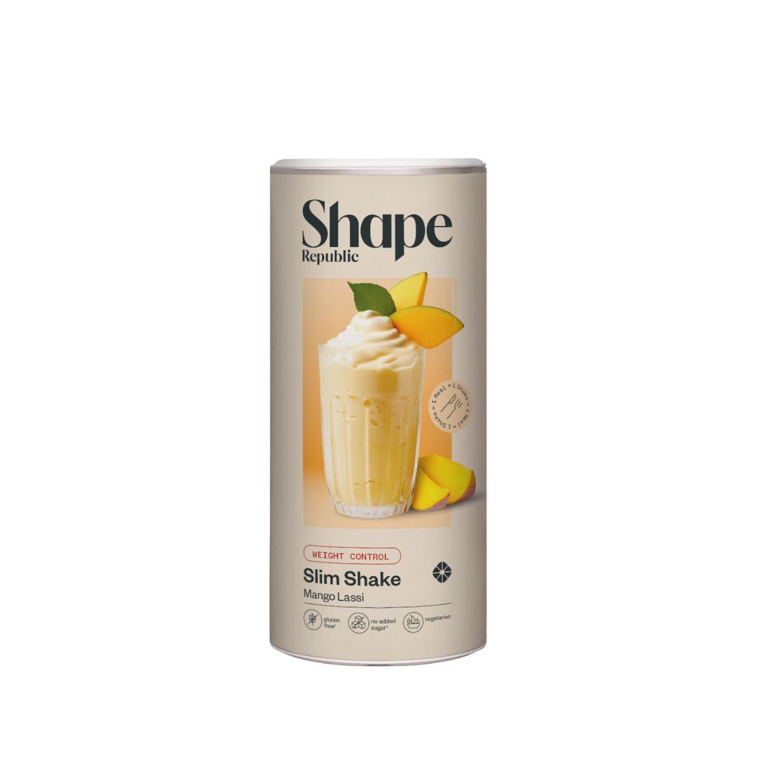 Dose Shape Republic Slim Shake Mango Lassi. Abbildung eines Shakes mit Mango-Stückchen und Minze.
