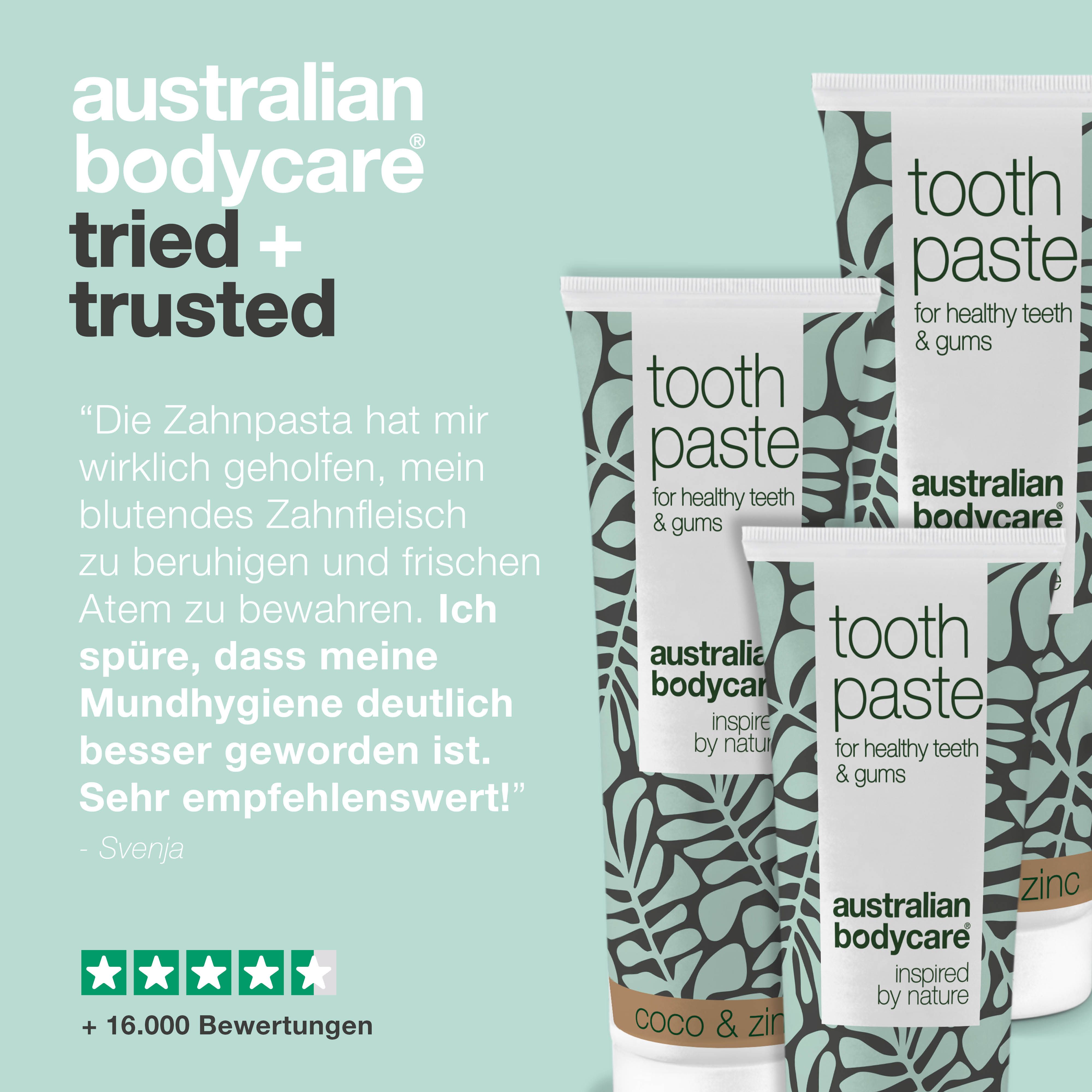 Drei Tuben Zahnpasta. Aufschrift: Australian Bodycare. Text: +16.000 Bewertungen. Sterne-Bewertung.