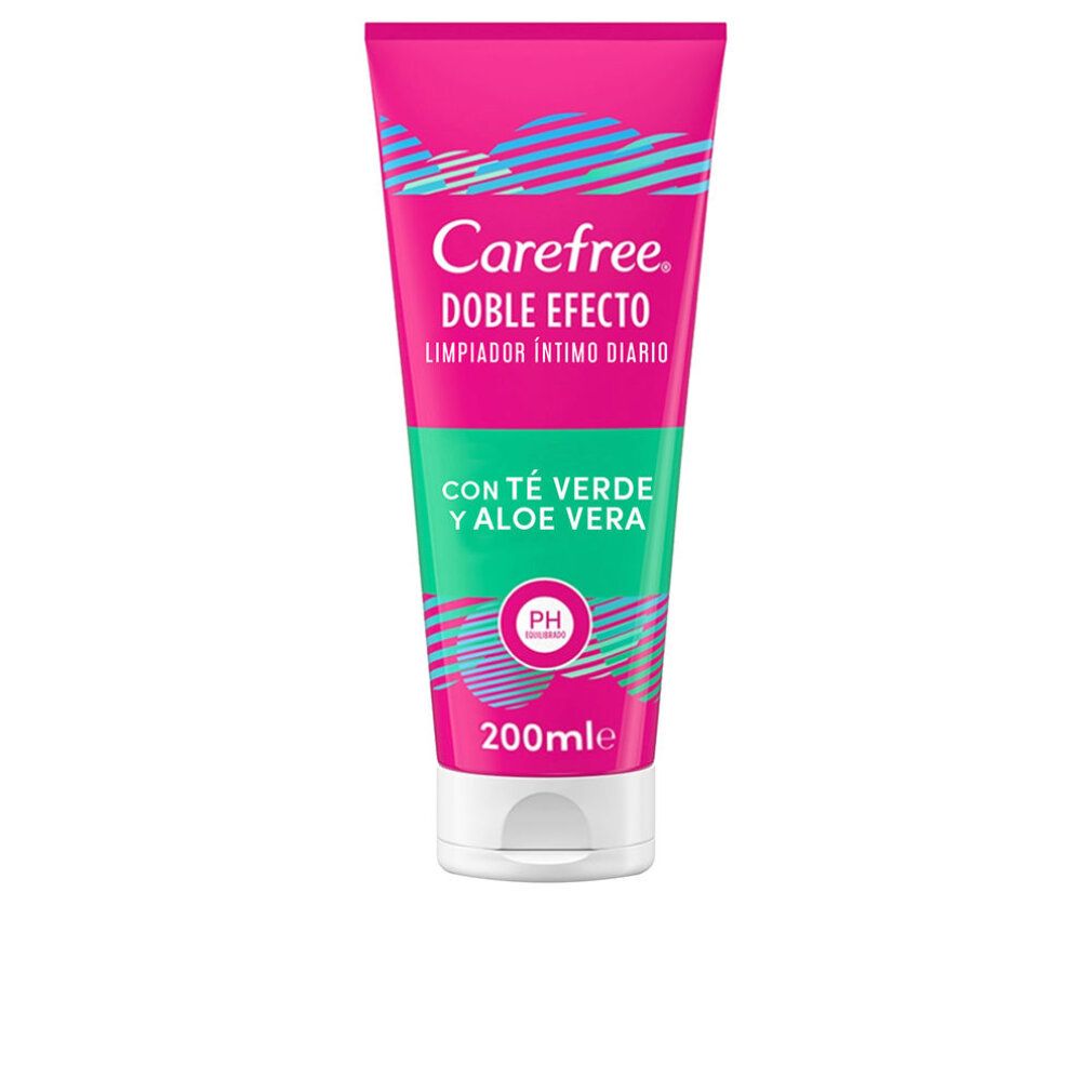 Rosa Tube mit weißem Deckel. Carefree, Doble Efecto, Limpiador Intimo Diario, mit Aloe Vera und Grüntee. pH-Wert-Symbol. 200ml.