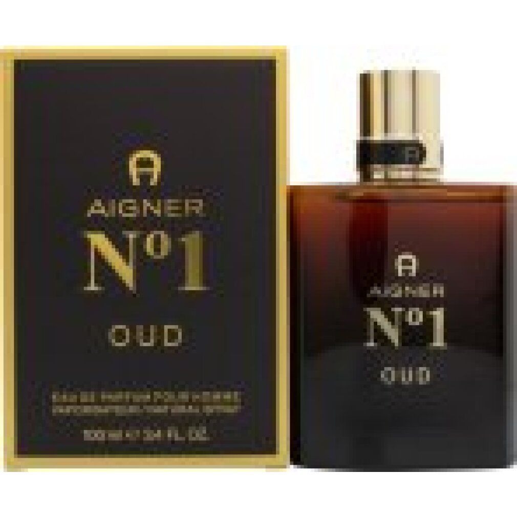 Parfümflasche und Verpackung. Flasche braun, goldener Deckel. Verpackung schwarz mit goldener Schrift. Marke Aigner, Produkt No 1 Oud.