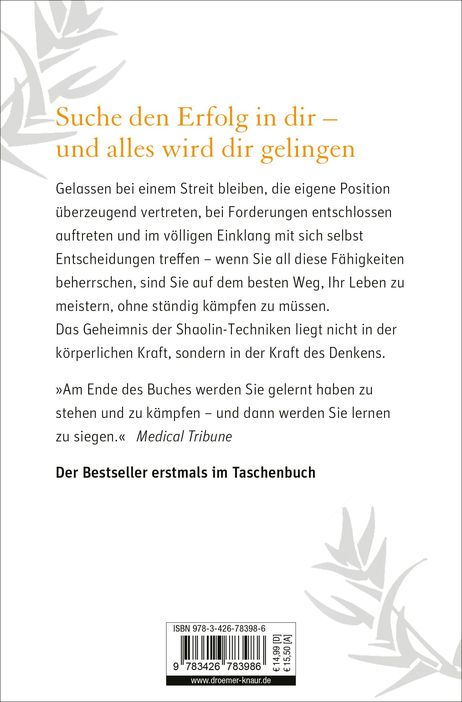 Buchrückseite mit Text. Zitat: Medical Tribune. ISBN-Code. Verlag Droemer Knaur. Preisangaben.