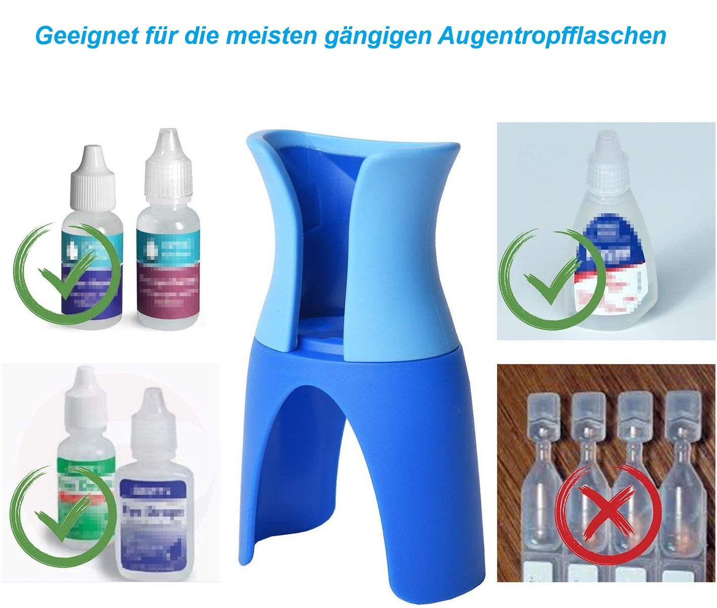 Blaues Hilfsmittel für Augentropfen mit verschiedenen Tropfflaschen.