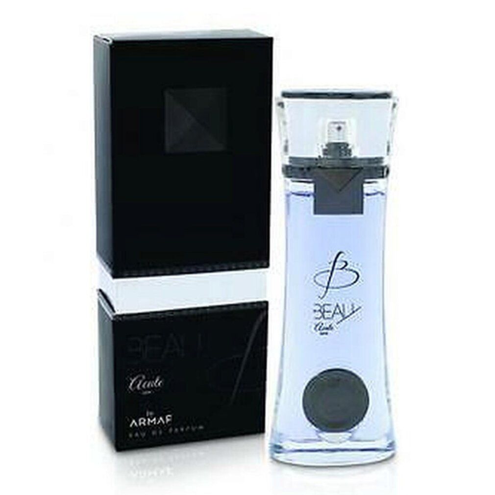 Parfümflasche neben schwarzer Schachtel. Flasche: Beau Acute, by Armaf. Runde Basis.