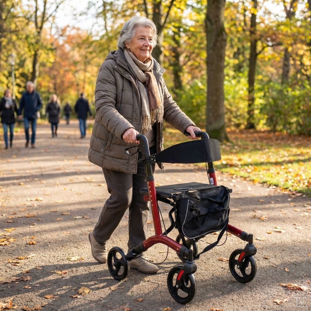 Ältere Dame benutzt roten Rollator mit Sitz und Tasche im Park.