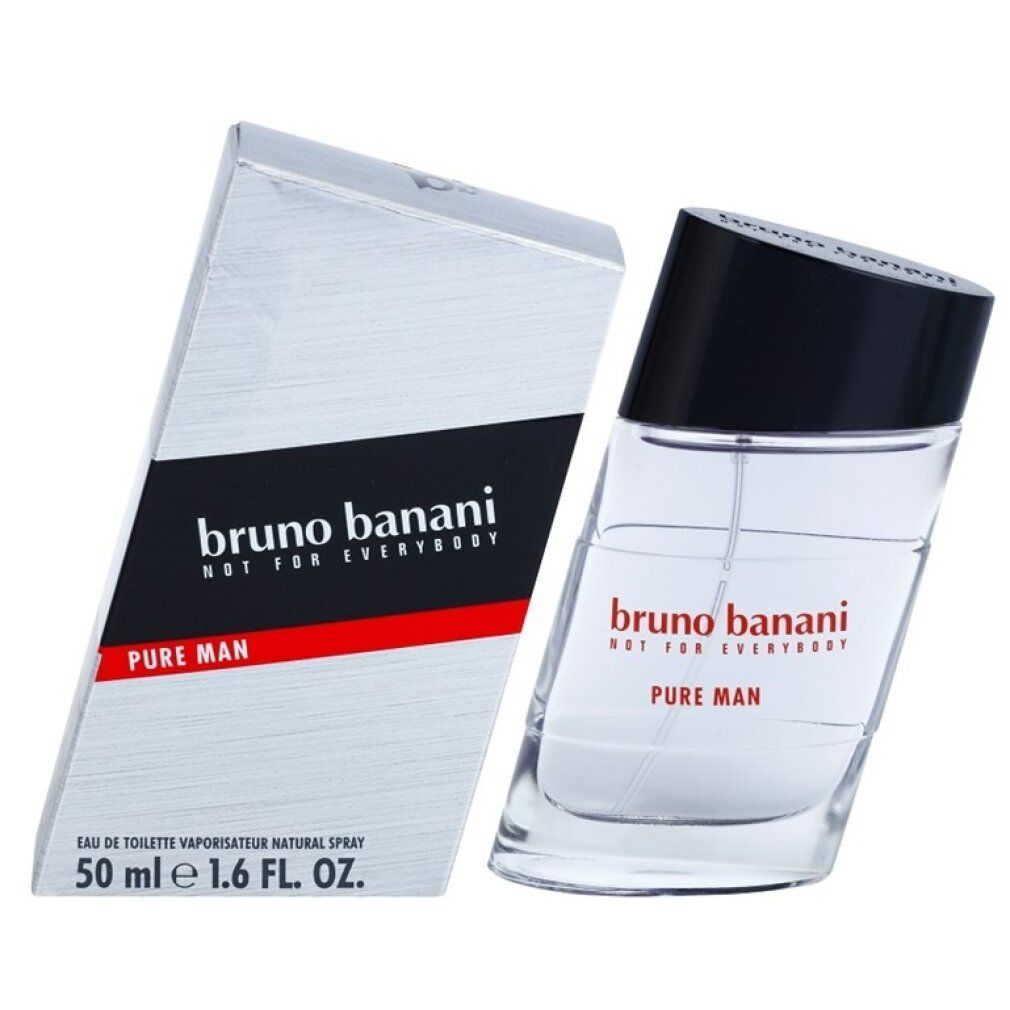 Schräg stehende Glasflasche mit schwarzem Deckel und Karton. Auf der Flasche steht "Bruno Banani Pure Man".