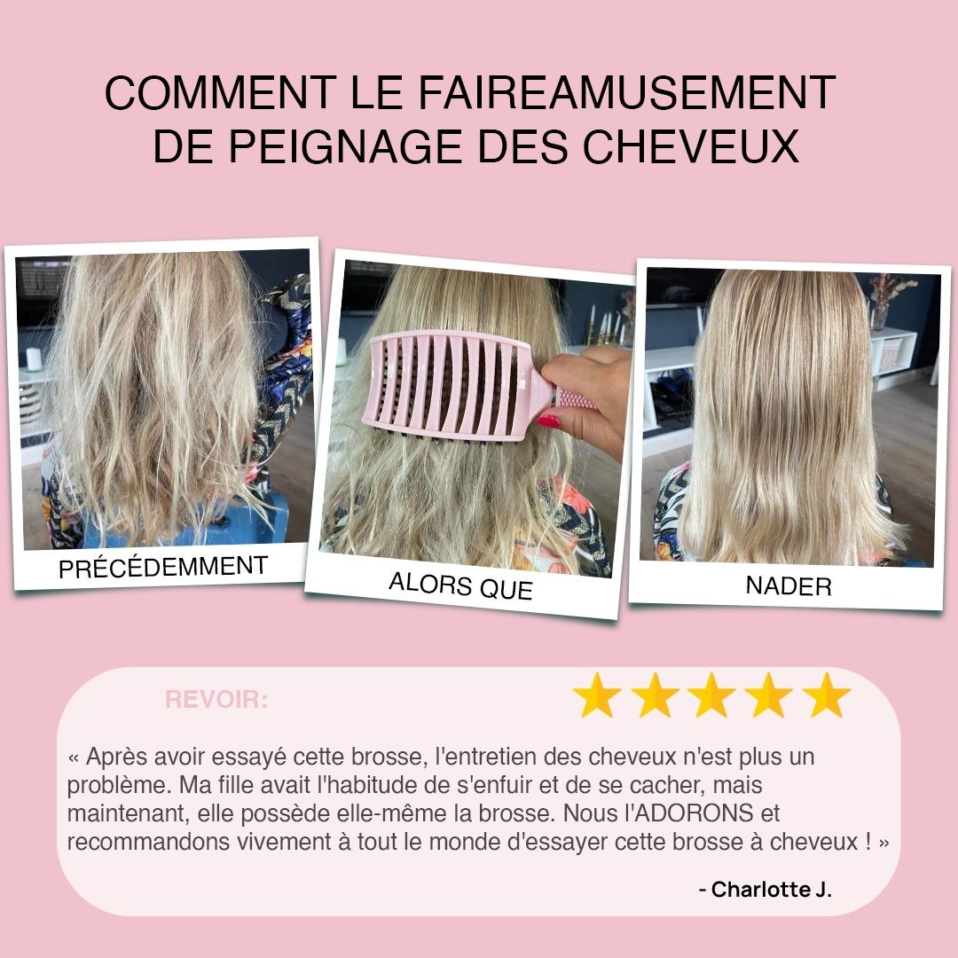 Trois photos montrent l'utilisation d'une brosse à palette incurvée rose. Texte : So macht das Haarekämmen Spaß.