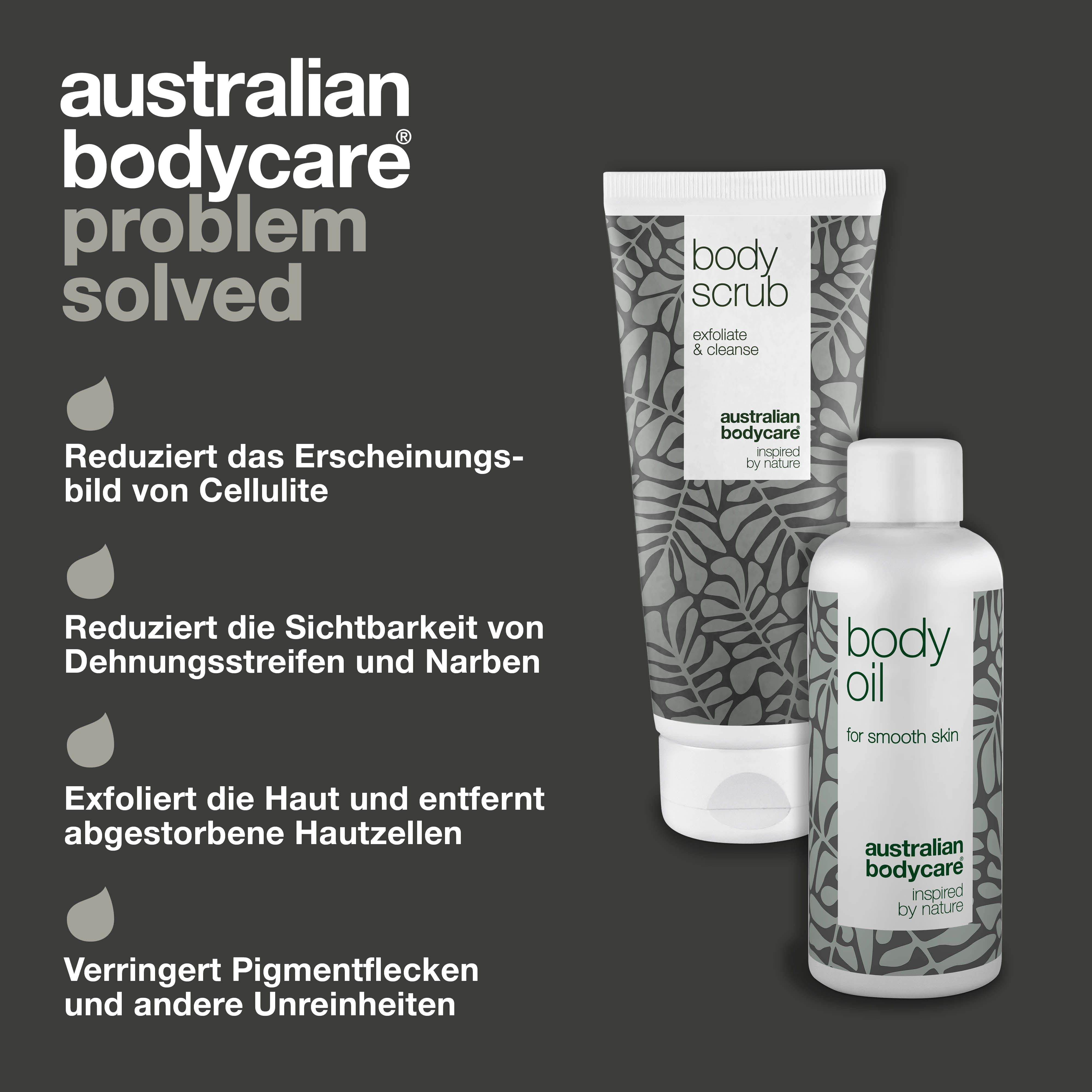 Australian Bodycare Produkte: Body Scrub und Body Oil. Reduziert Cellulite, Dehnungsstreifen, entfernt Hautzellen, Pigmentflecken.