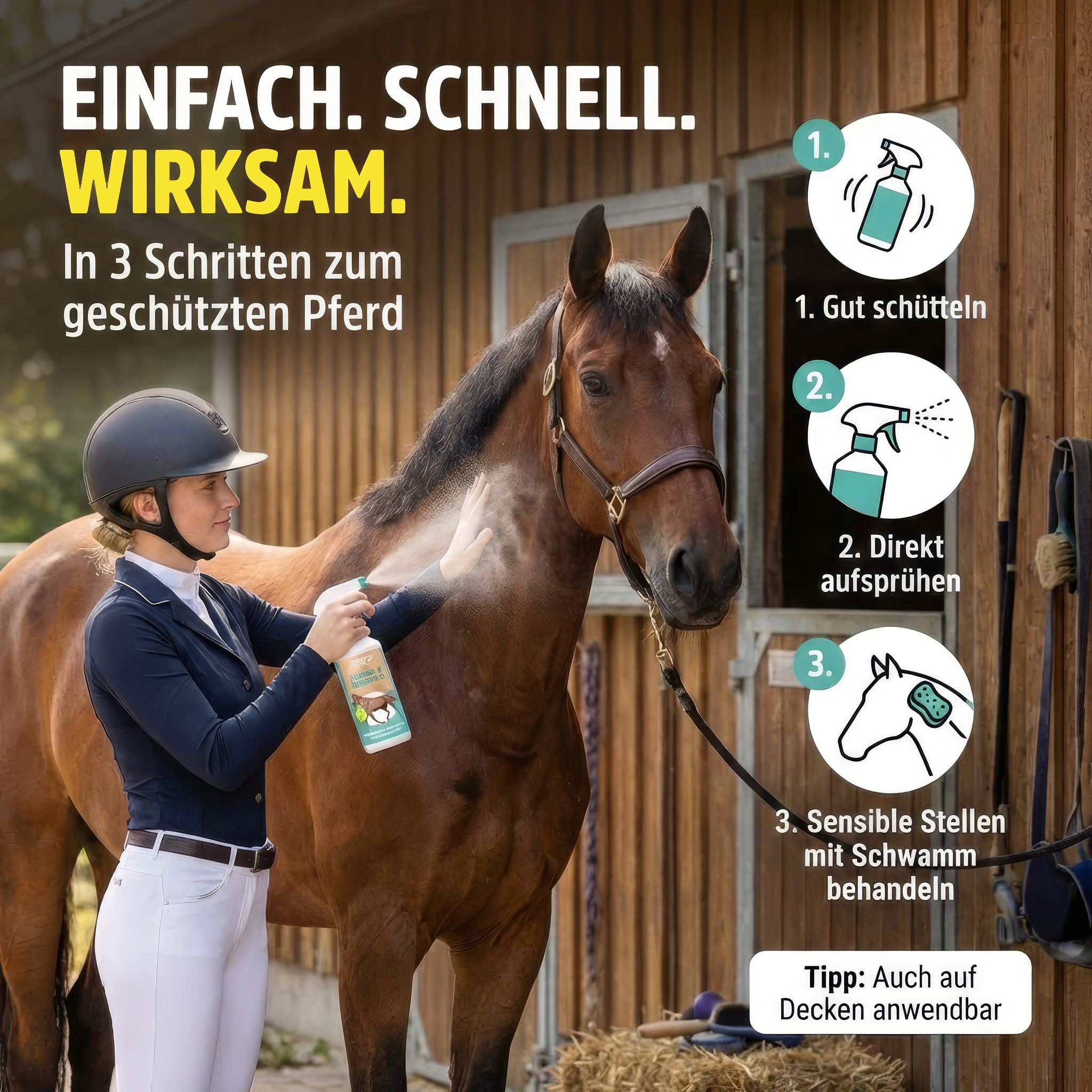 Pferdespray-Flasche neben Pferd. Schritte: Schütteln, sprühen, sensible Stellen behandeln. Text: Einfach. Schnell. Wirksam. In 3 Schritten.