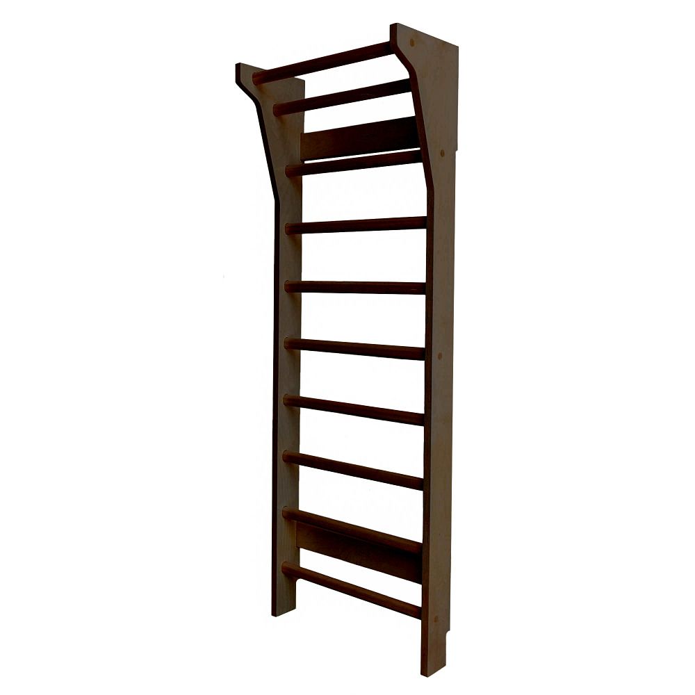 Sprossenwand aus Holz mit horizontalen Sprossen. Holzkonstruktion mit oberen und unteren Elementen.