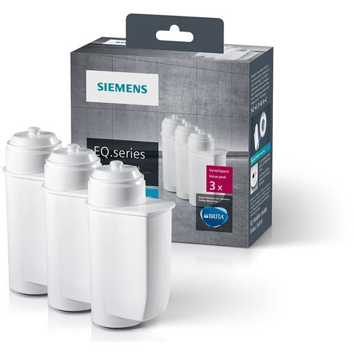 Siemens EQ.series Wasserfilter-Packung mit 3 Filtern. Aufdrucke: Siemens, EQ.series, Brita, 3x.
