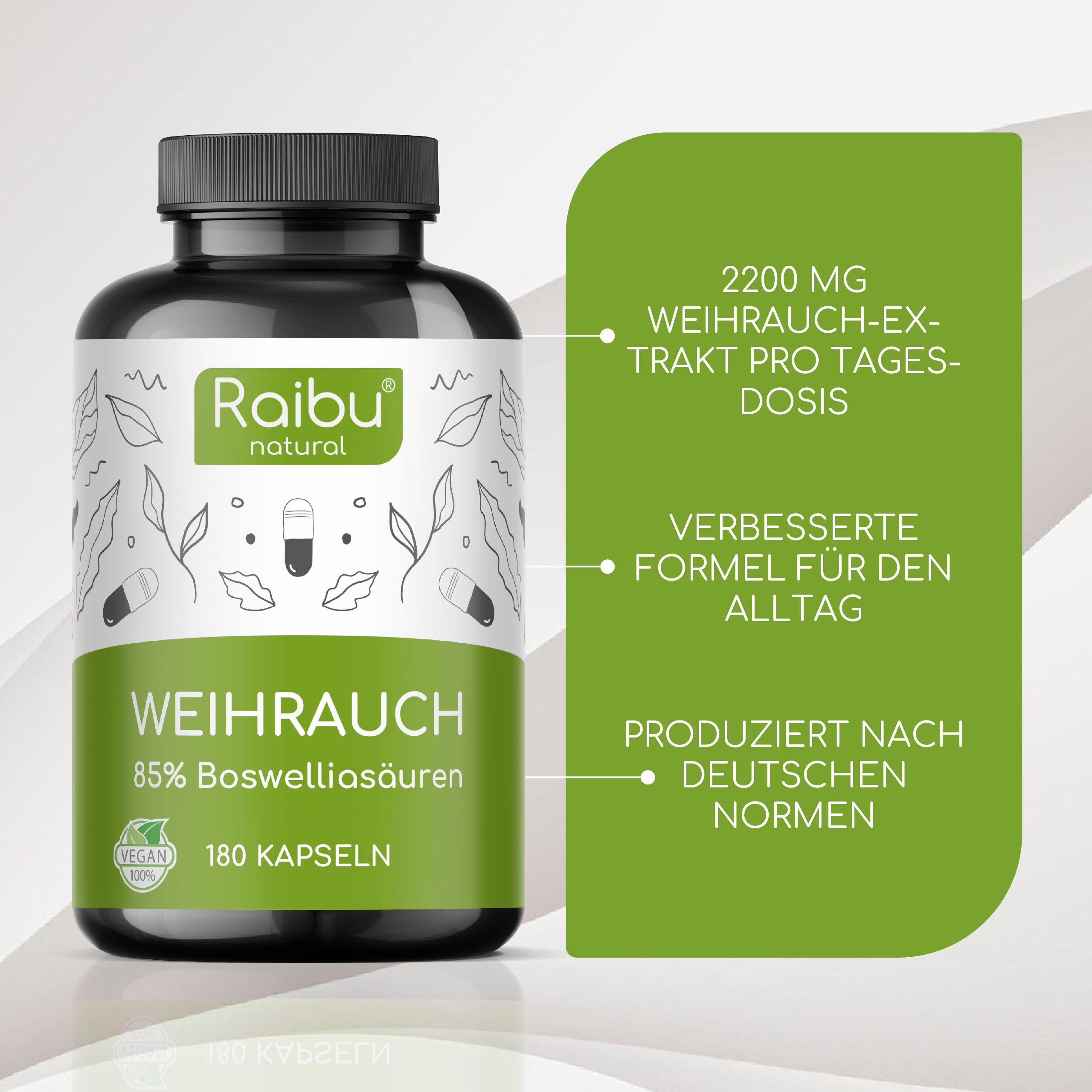 Schwarze Flasche mit Kapseln. Aufschrift: Raibu natural, Weihrauch, 85% Boswelliasäuren, 180 Kapseln. Vergleich mit anderem Produkt.