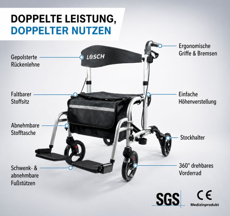 Rollator & Rollstuhl Twin. Schwarzer Sitz, silberner Rahmen. Ergonomische Griffe, Fußstützen, Stockhalter, 360° Vorderrad. CE-Zeichen.