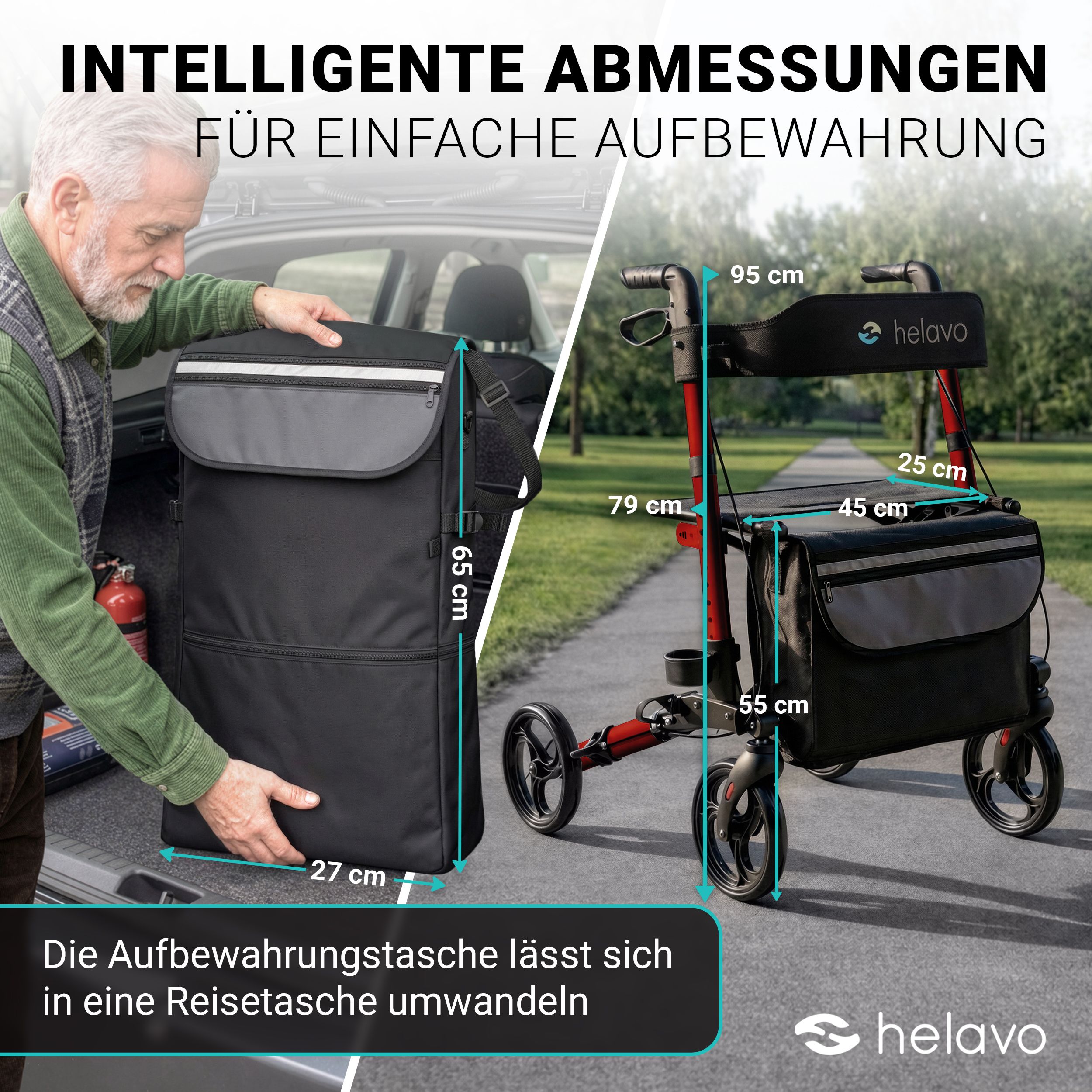 Helavo Aluminium Rollator faltbar mit Sitzfläche und Reisetasche leicht 8,3kg