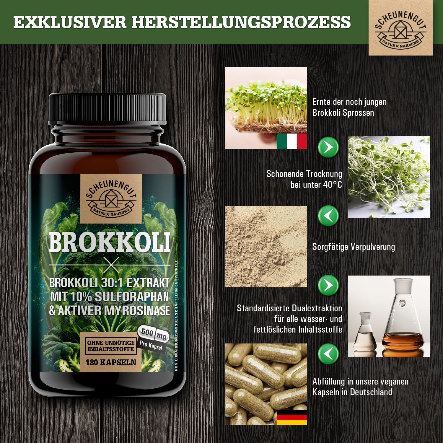 Scheunengut® Brokkoli | 30:1 Brokkolisprossen-Extrakt mit mindestens 50mg Sulforaphan 180 St Kapseln