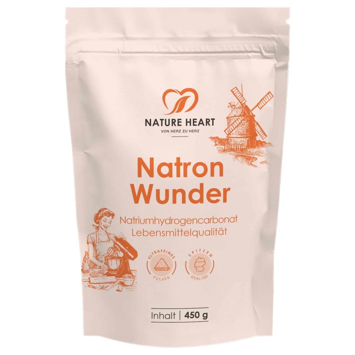 Beutel mit Natron Wunder, weiß, mit Aufdrucken. Enthält 450 g. Logo: Nature Heart. Text: Natriumhydrogencarbonat, Lebensmittelqualität.
