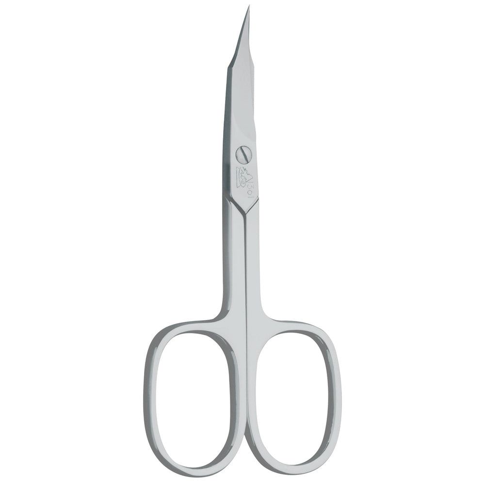 Vernickelte Nagelschere mit gebogener, glatter Klinge und ovalen Griffen.