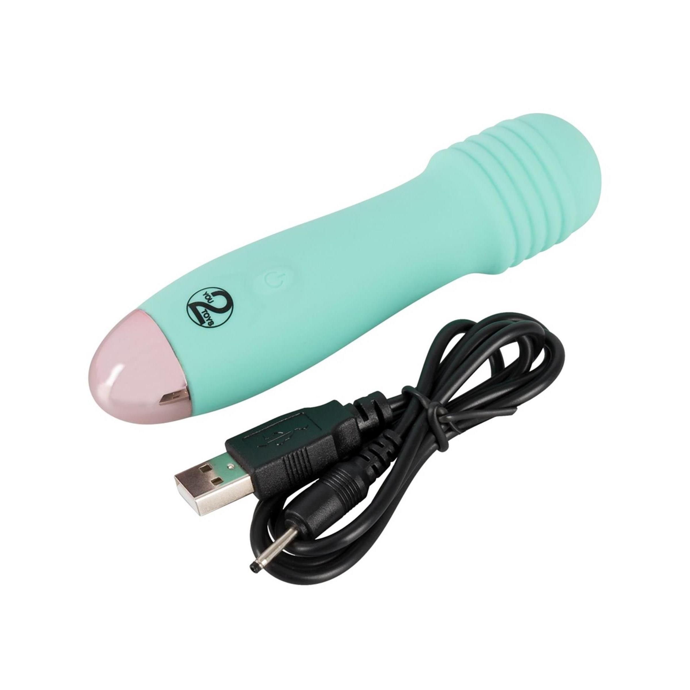 Minivibrator, mintgrün mit rosa Spitze. Ein USB-Ladekabel liegt daneben. Der obere Teil hat Rillen. Ein Knopf ist sichtbar.