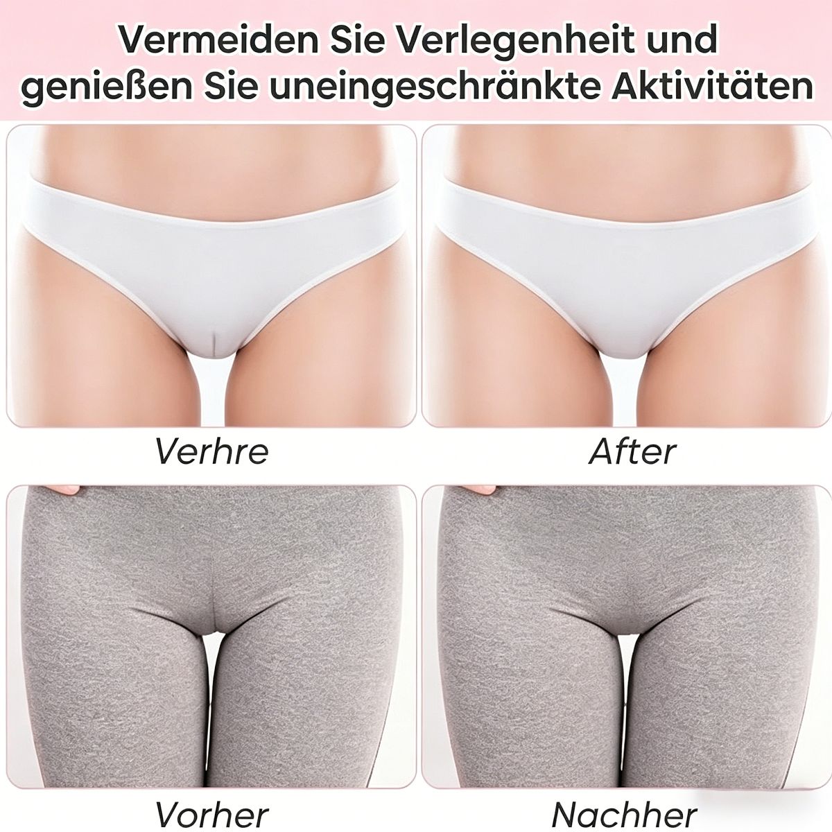 Vorher-Nachher-Vergleich: Zwei Paare Unterwäsche und zwei Leggings. Gezeigt wird der Effekt nach der Anwendung des Produkts.