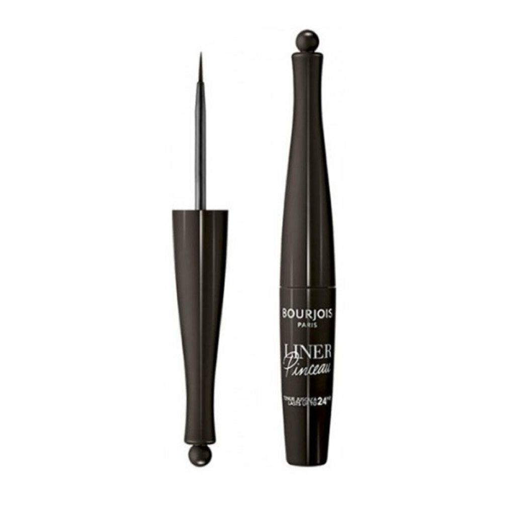 Brauner Eyeliner mit Pinsel. Flasche mit Schriftzug: Bourjois, Liner Pinceau, 24h. Pinsel herausgezogen.
