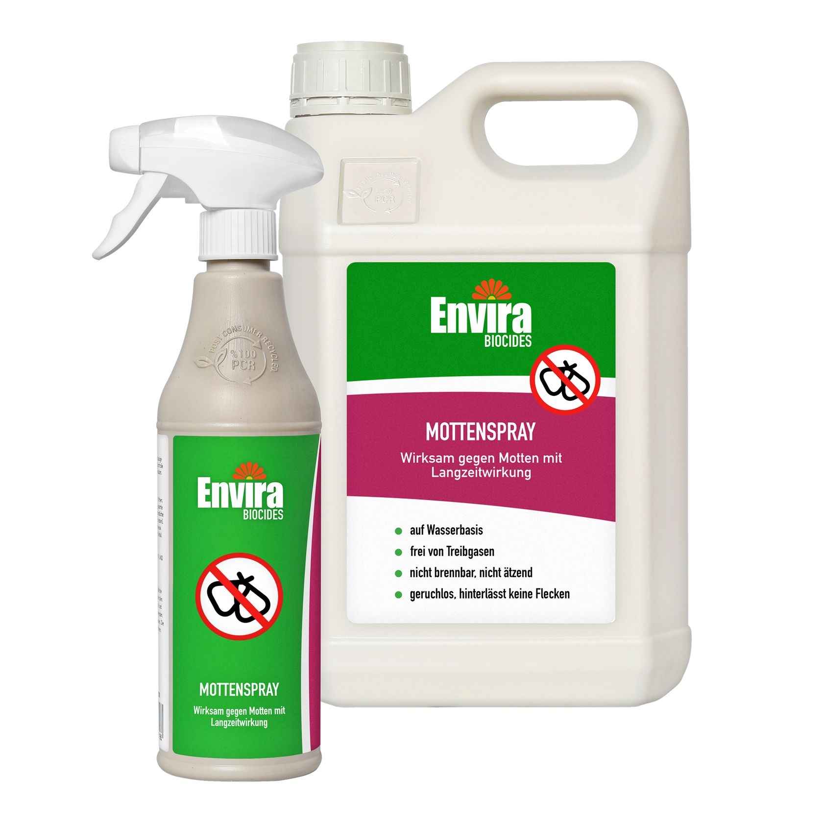 Zwei Behälter Envira Mottenspray. Einmal mit Sprühkopf, einmal mit Griff. Beide mit grünem Etikett und roter Schrift.