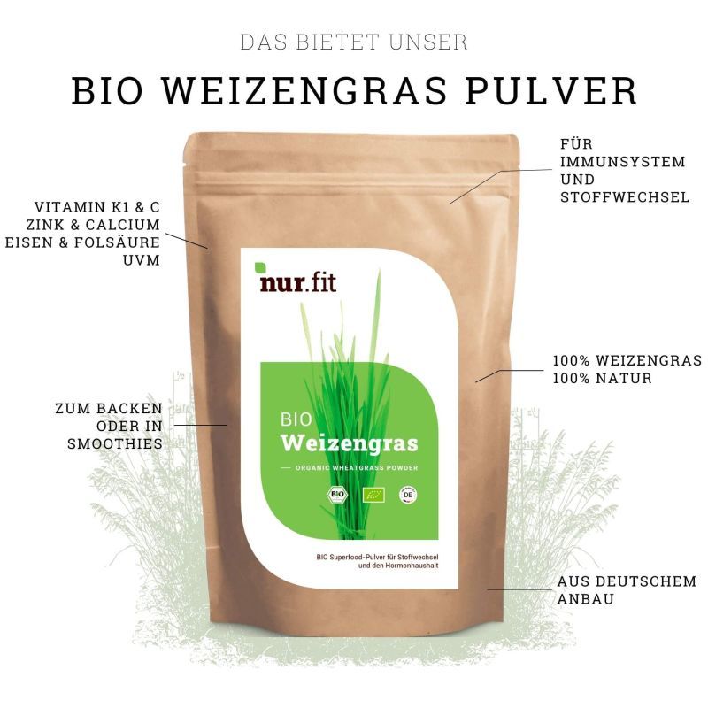 Braune Tüte mit grünem Etikett. Aufschrift: nur.fit BIO Weizengras Pulver. Zusätzliche Informationen und Illustrationen.