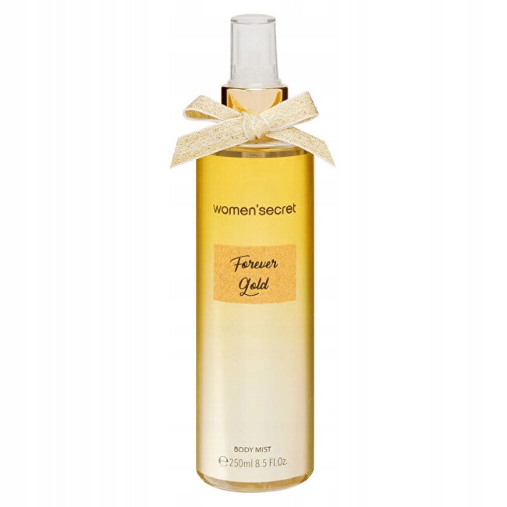 Goldfarbenes Body Mist mit Schleife. Aufschrift: women'secret, Forever Gold, BODY MIST. E250ml 8.5 FL.OZ.