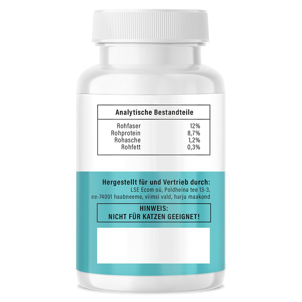Weiße Tablettenflasche mit blauem Etikett. Text: Analytische Bestandteile, hergestellt für und vertrieben durch. Nicht für Katzen geeignet!