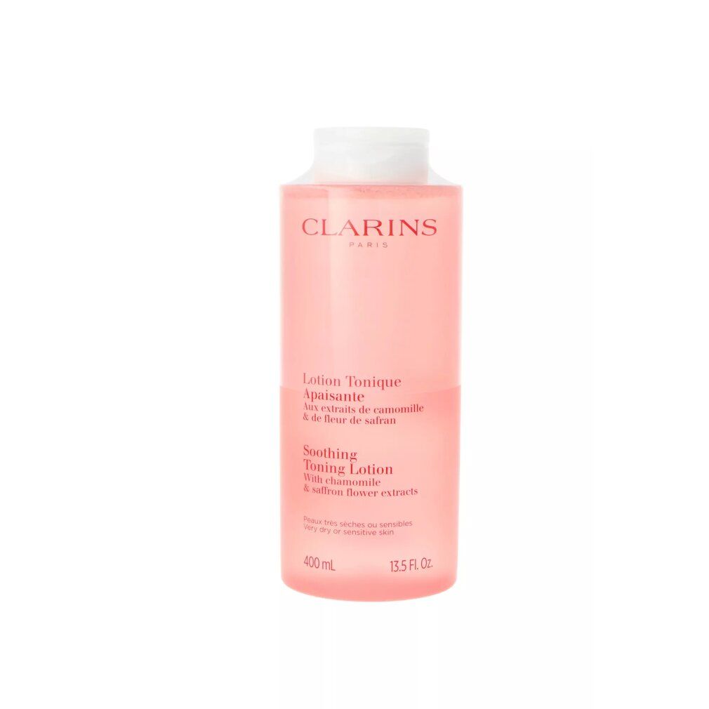 Clarins Lotion Tonique Apaisante, 400 ml, rosa Flakon mit weißem Verschluss.