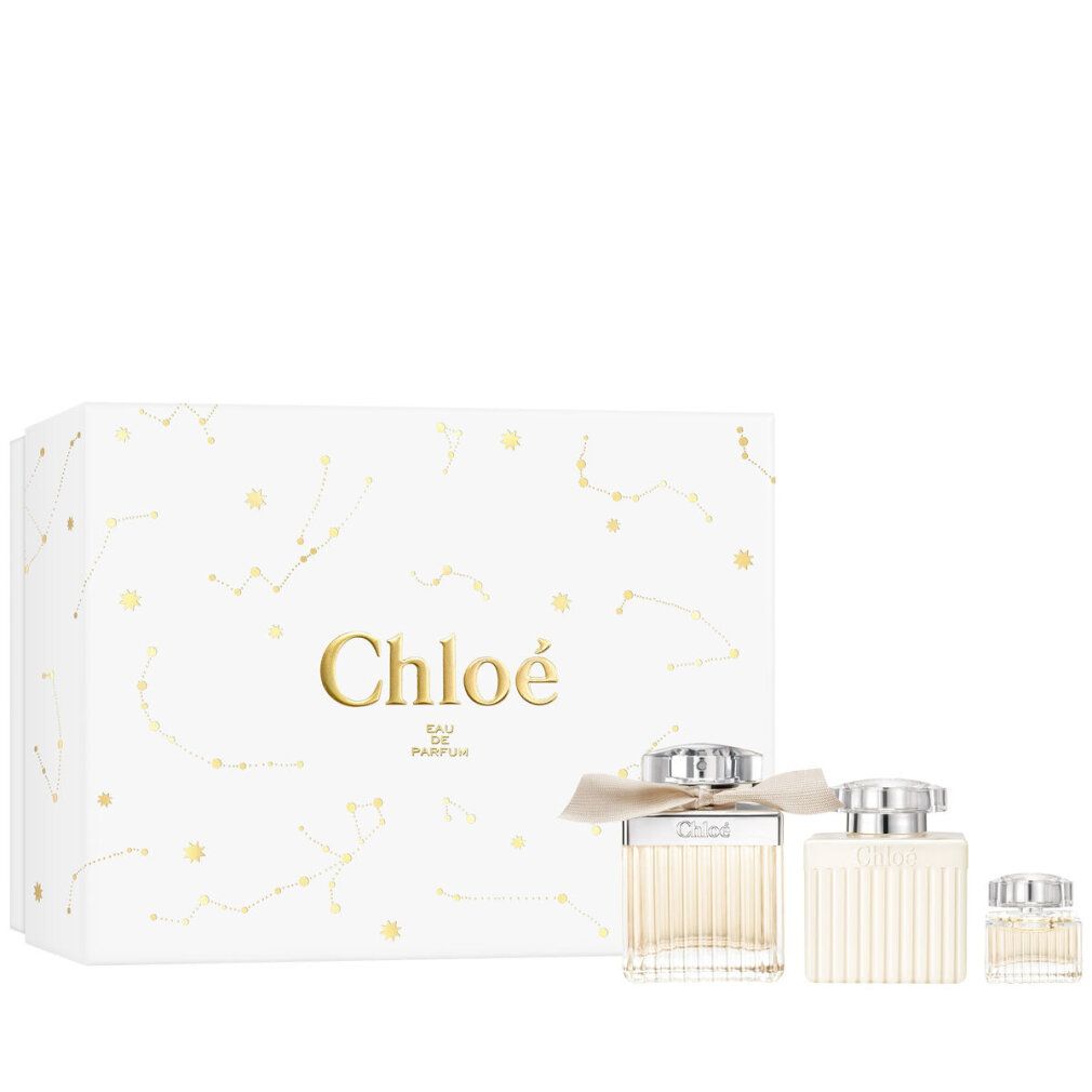 Geschenkset mit drei Flakons und einer Schachtel. Auf der Schachtel steht "Chloé Eau de Parfum".