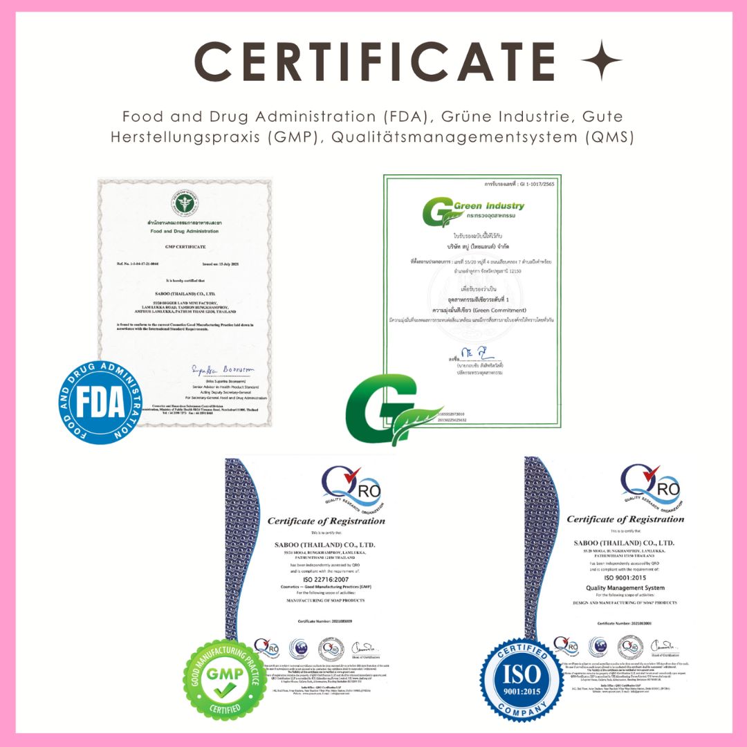 Zertifikate: FDA, GMP, ISO 9001. Logos: FDA, Grüne Industrie, GMP, ISO 9001. Text: Food and Drug Administration.