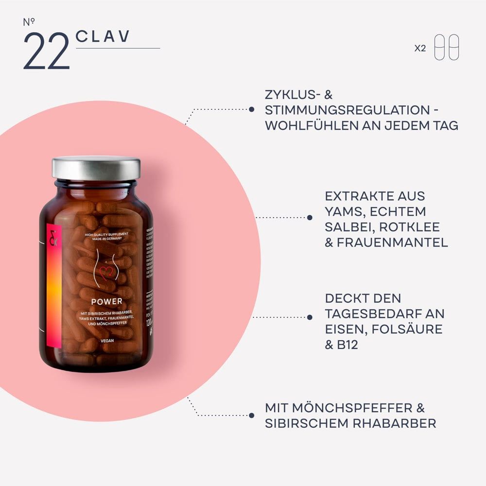 Braune Kapseln in einer Flasche. Text: Nr. 22 CLAV, POWER, ZYKLUS- & STIMMUNGSREGULATION, Eisen, Folsäure & B12.