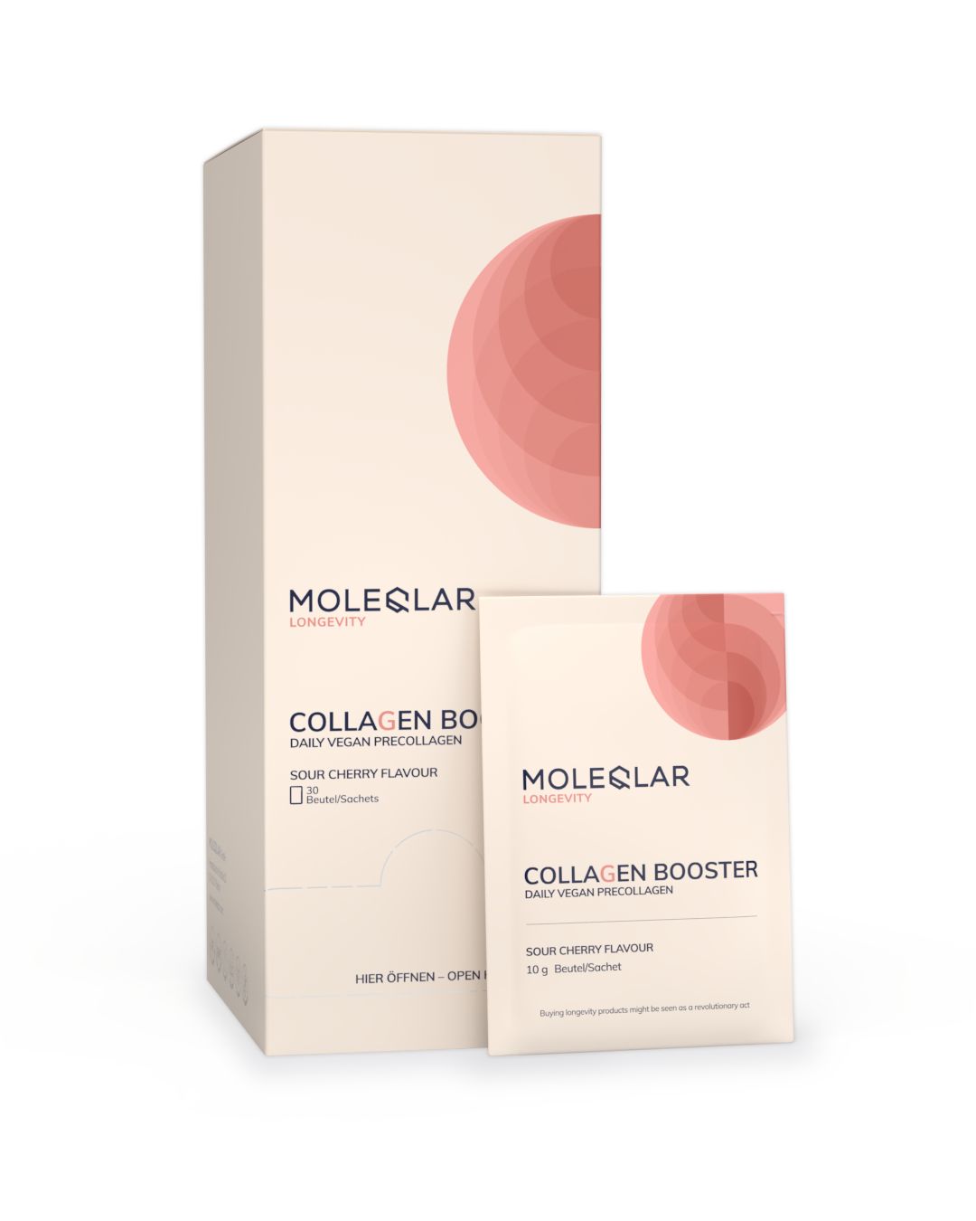 Beige Verpackung mit Produktbeutel. Aufschrift: MOLEQLAR, COLLAGEN BOOSTER, Daily Vegan PreCollagen, Sour Cherry Flavour.