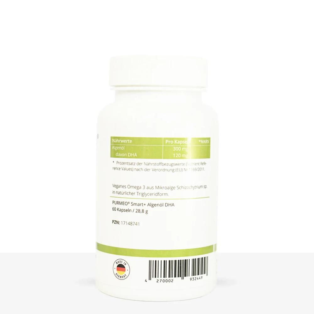 Rückseite der weißen Flasche PURMEO Smart+ Algenöl DHA. Etikett mit Nährwertangaben, Inhaltsstoffen und Barcode.