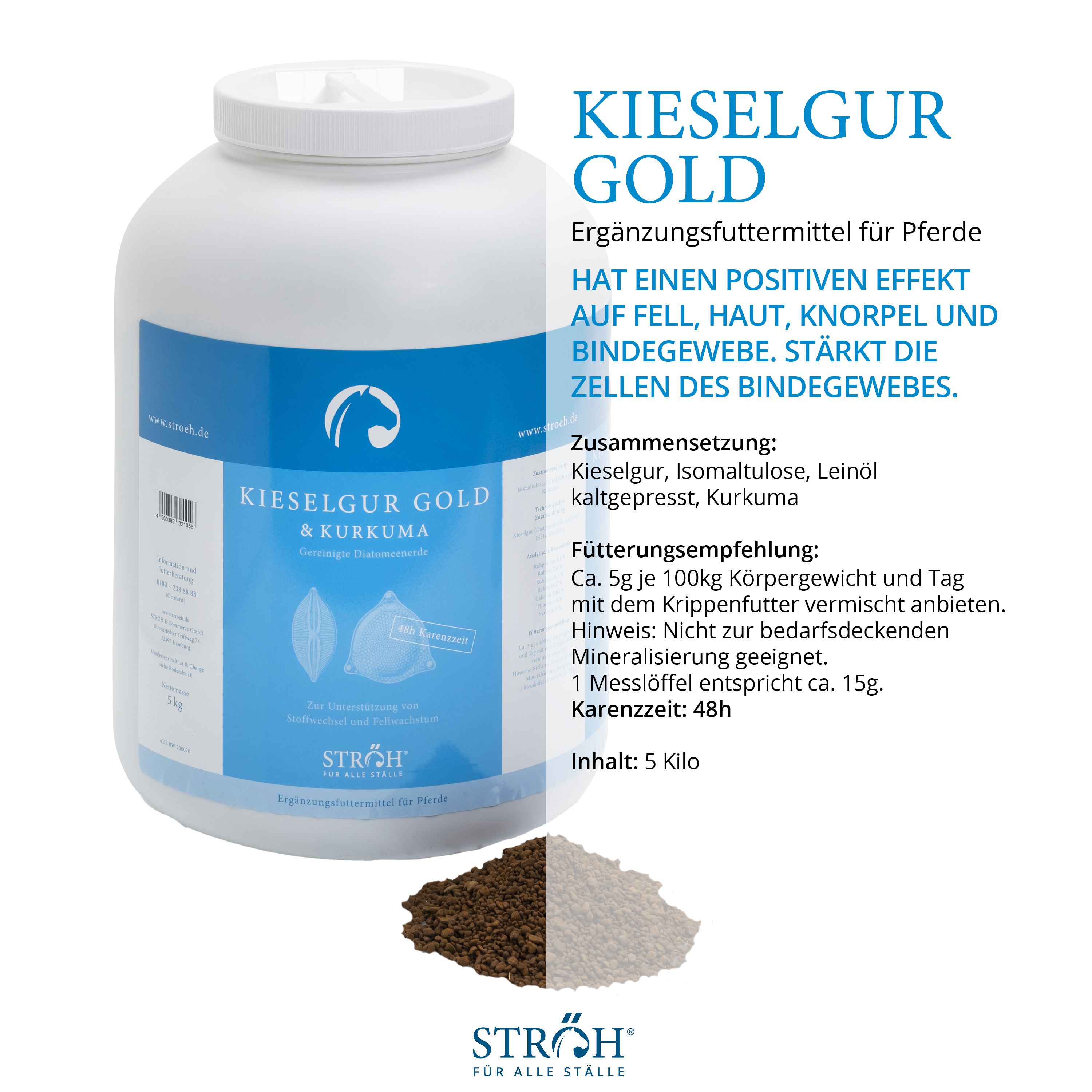 Weißer Behälter mit blauem Etikett. Text: Kieselgur Gold. Braunes und weißes Pulver daneben. Text mit Inhaltsangaben. Marke: STRÖH.
