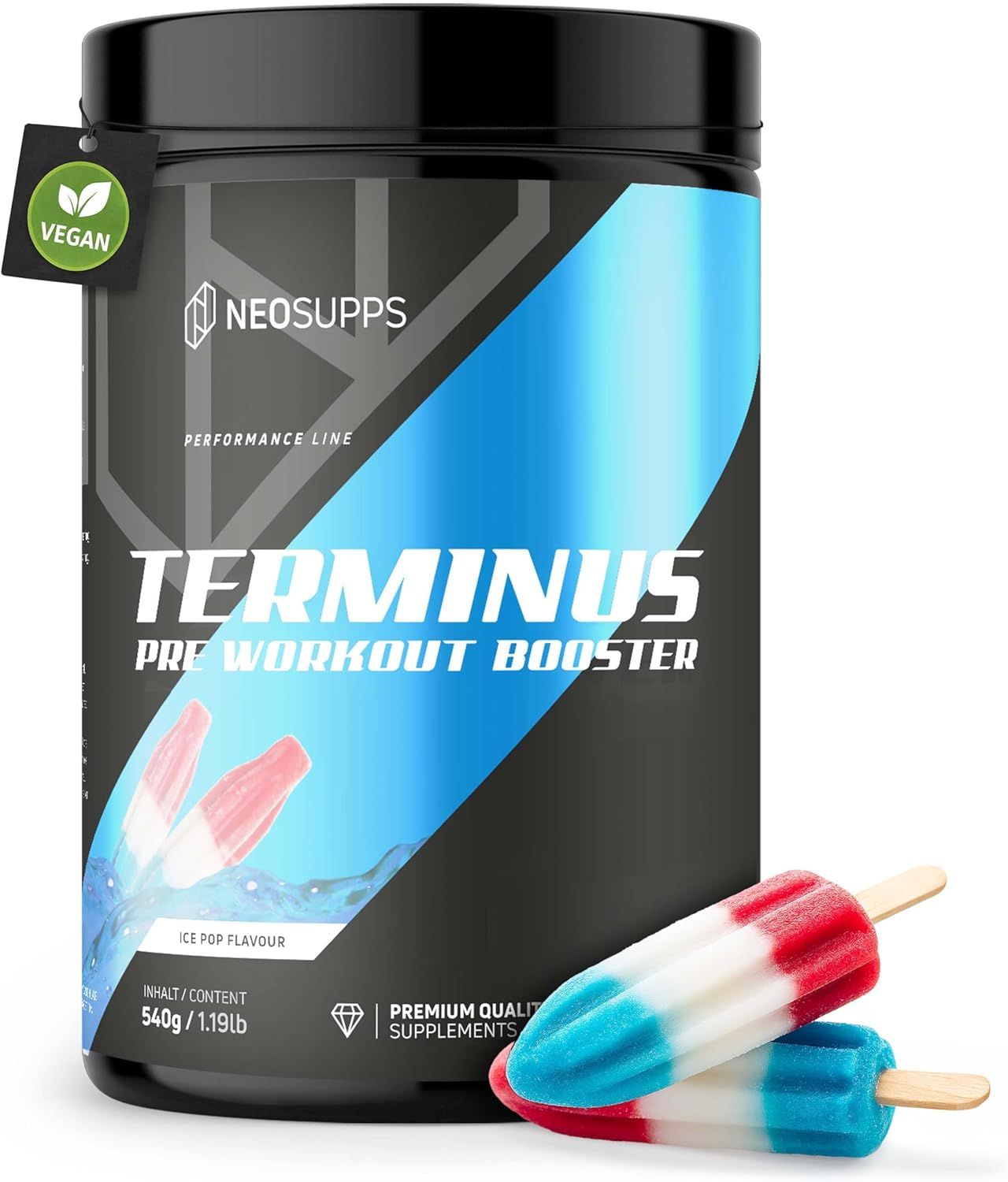 Schwarze Dose mit blauem Etikett. Aufschrift: Terminus Booster, Neosupps. Vegan-Siegel. Eis am Stiel. Inhalt: 540g.