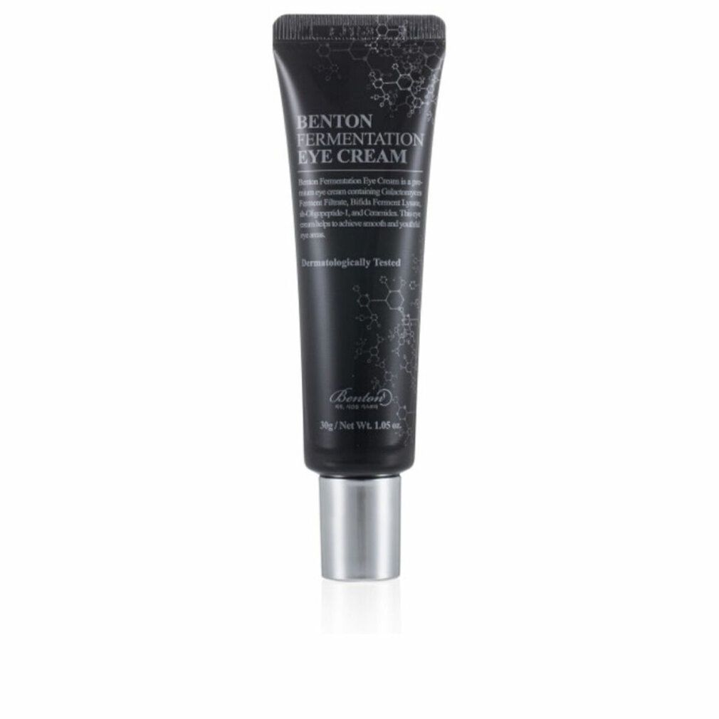 Schwarze Tube mit silbernem Deckel. Aufschrift: Benton Fermentation Eye Cream. "Dermatologisch getestet".