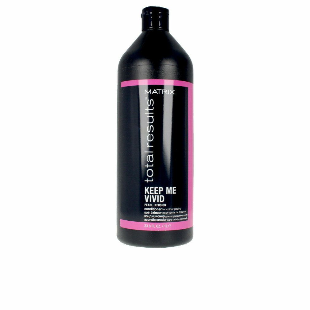 Schwarze Flasche mit rosa Etikett. Aufschrift: MATRIX total results KEEP ME VIVID. Conditioner für coloriertes Haar.