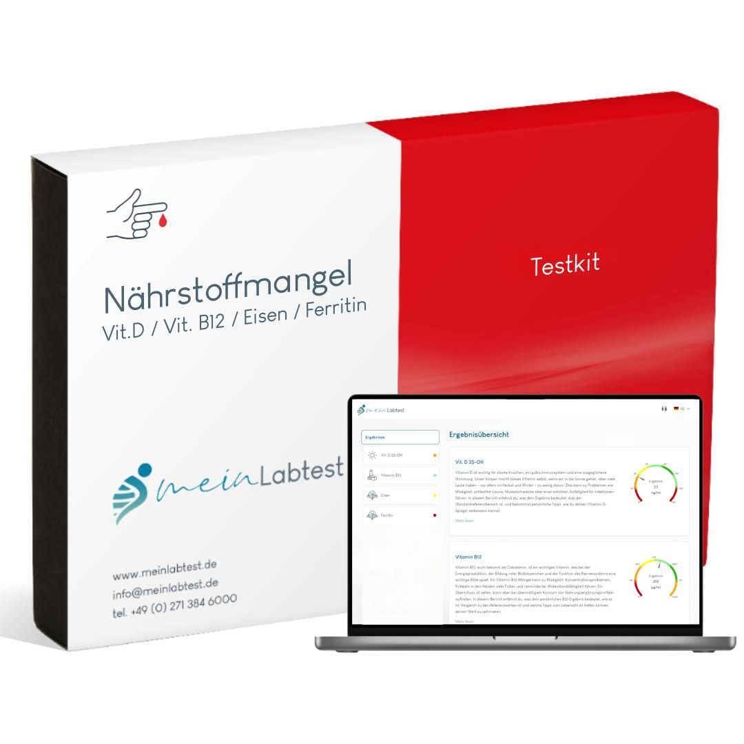 Testkit für Nährstoffmangel. Enthält Testkit, Vit.D, Vit. B12, Eisen und Ferritin. Laptop mit Testergebnissen.
