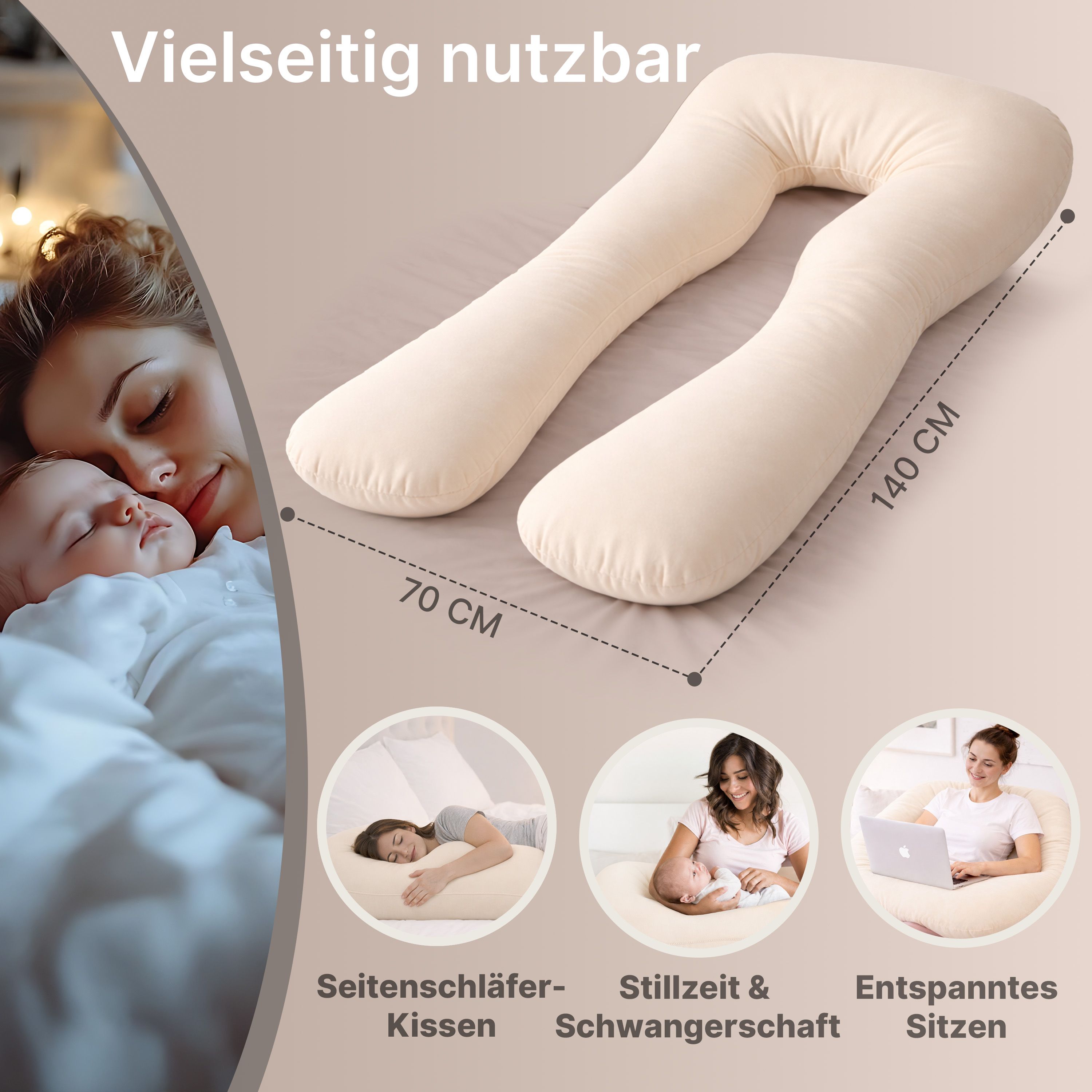 Multifunktions-Körperkissen mit Schlafmaske, Creme