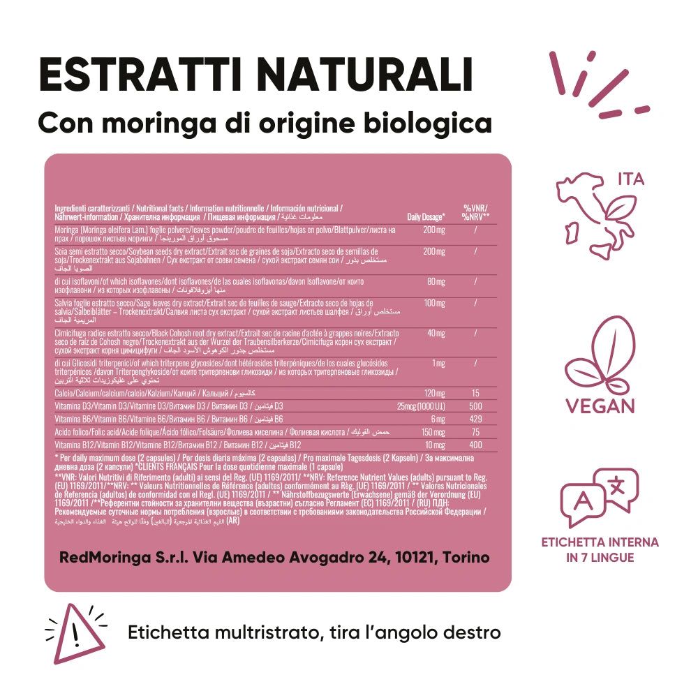 Eine Tabelle mit Inhaltsstoffen und Nährwertangaben. Text: "ESTRATTI NATURALI Con moringa di origine biologica".