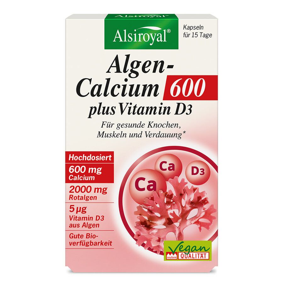 Verpackung von Alsiroyal Algen-Calcium 600 plus Vitamin D3. Enthält Informationen zu Inhaltsstoffen und Vegan-Qualitätssiegel.