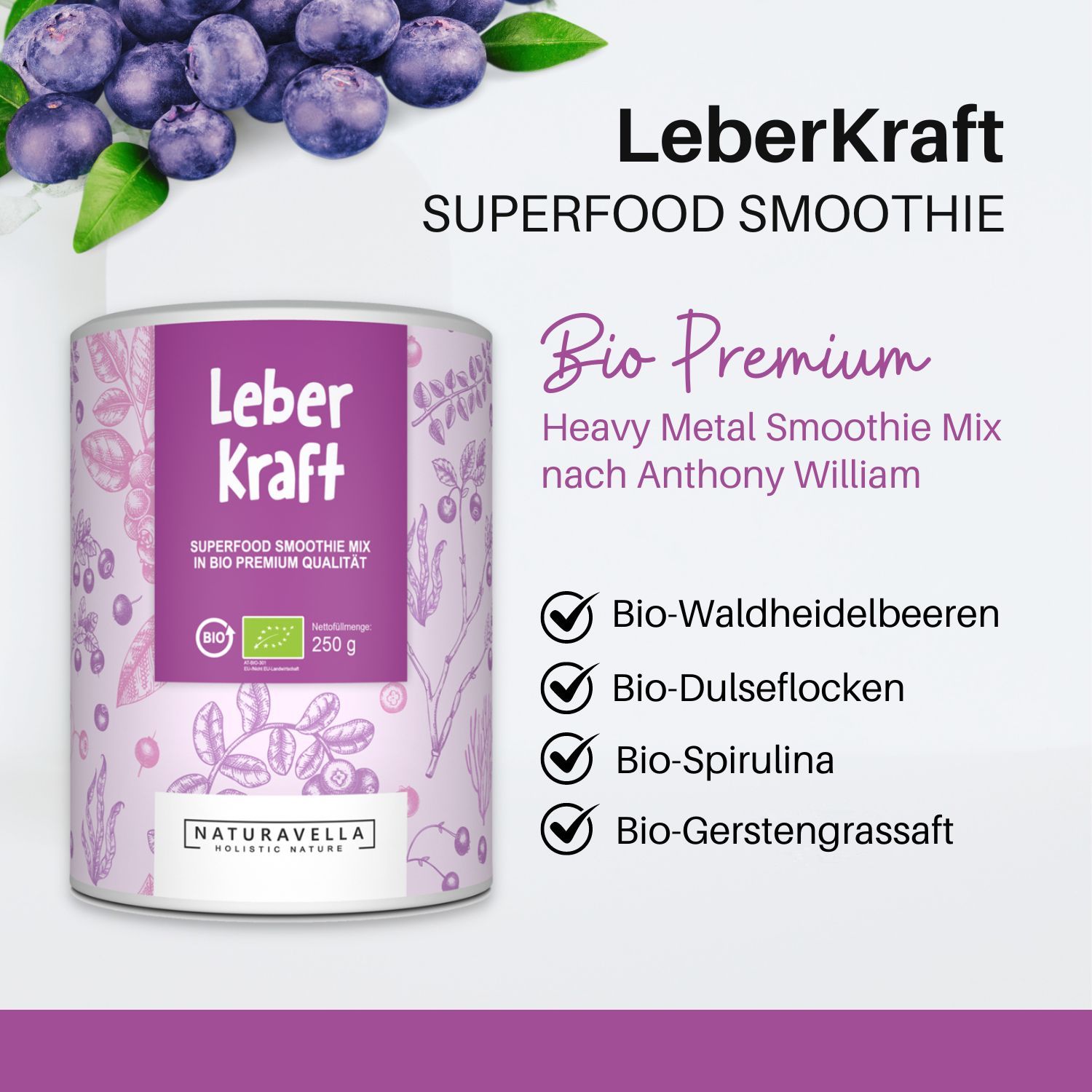 Zylindrische Dose mit "LeberKraft"-Aufdruck. Enthält Bio-Waldheidelbeeren, Bio-Dulseflocken, Bio-Spirulina und Bio-Gerstengrassaft. Naturavella-Logo.