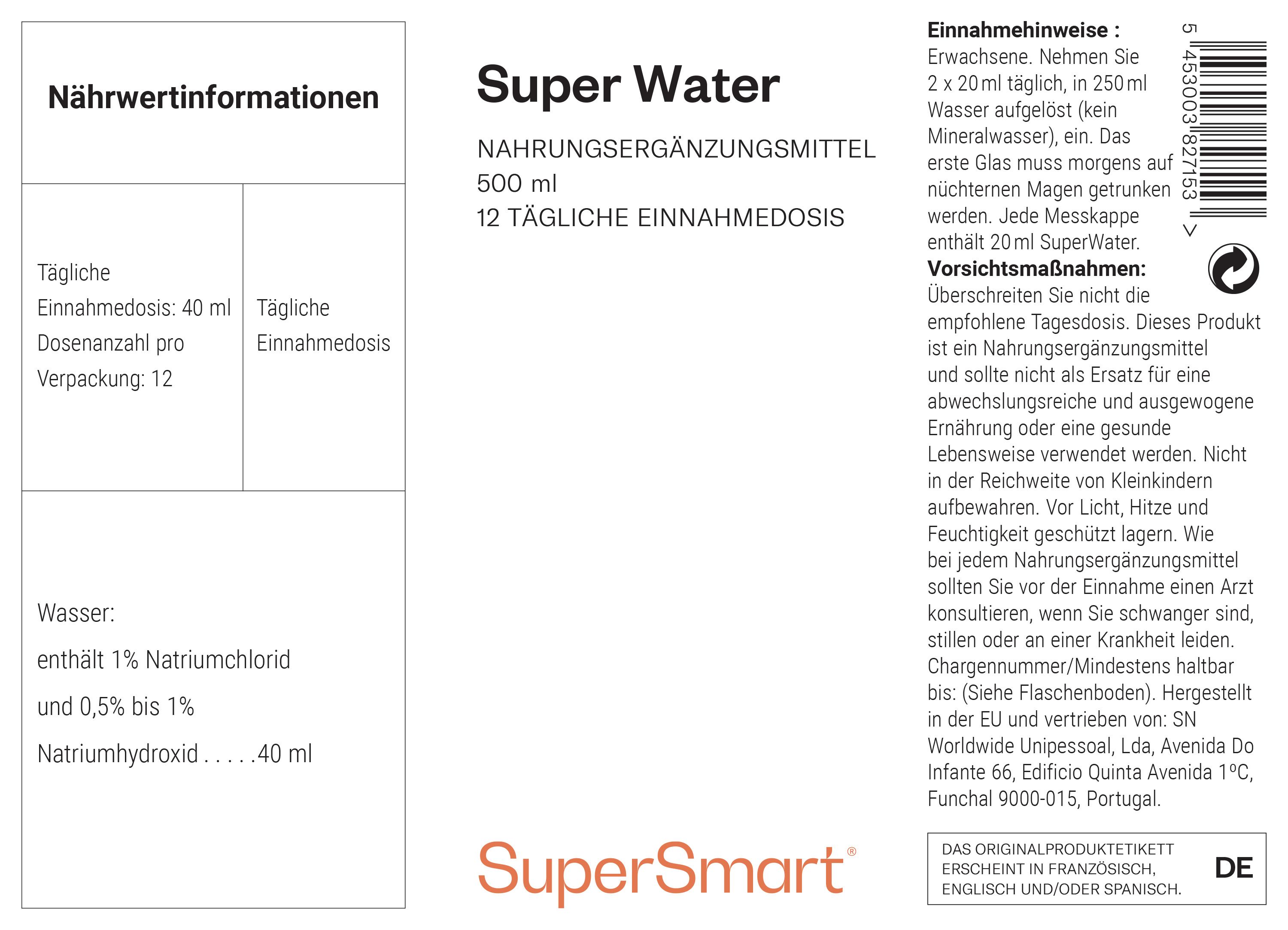 Etikett mit Nährwertangaben und Dosierung. Enthält Informationen zu Inhaltsstoffen. SuperSmart-Logo unten.