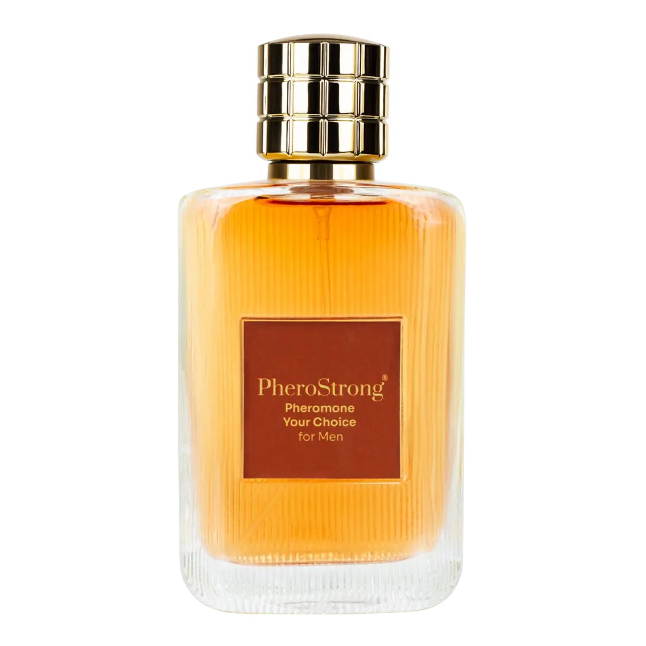 Parfümflakon mit goldfarbenem Verschluss. Braune Flüssigkeit im Glasflakon. Produktname und Text auf dem Etikett.