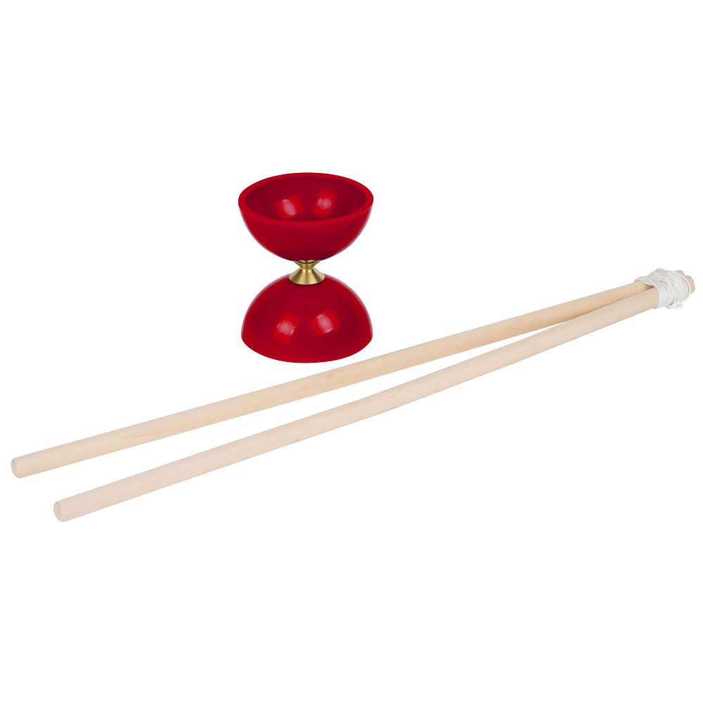 Rotes Diabolo mit zwei Holzstäben. Das Diabolo hat eine halbkugelförmige Form und ist mit einer goldenen Verbindung versehen.